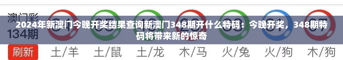 2024年新澳门今晚开奖结果查询新澳门348期开什么特码：今晚开奖，348期特码将带来新的惊奇