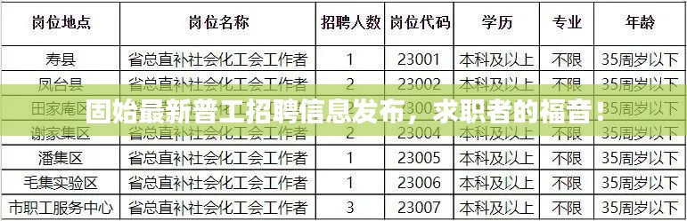 固始最新普工招聘信息发布，求职者的福音！